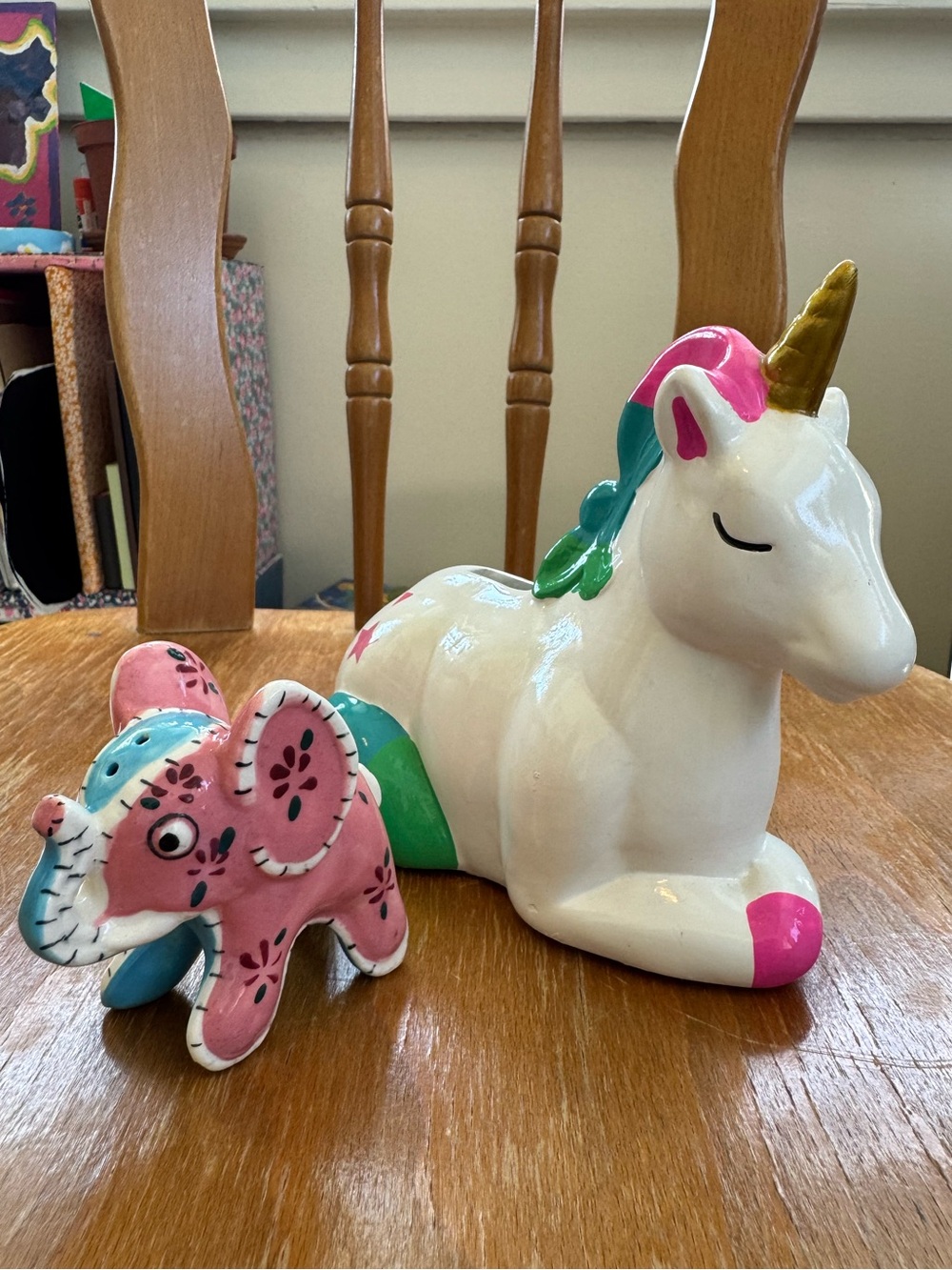 Vintage Elephant Salt Shaker and a Unicorn Piggy Bank. Ceramic Kitsch.